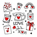 Valentine`s day theme poster. Love doodles elements. Cute hand drawn set of icons with hearts, letter, coffee, gift, potion, phone